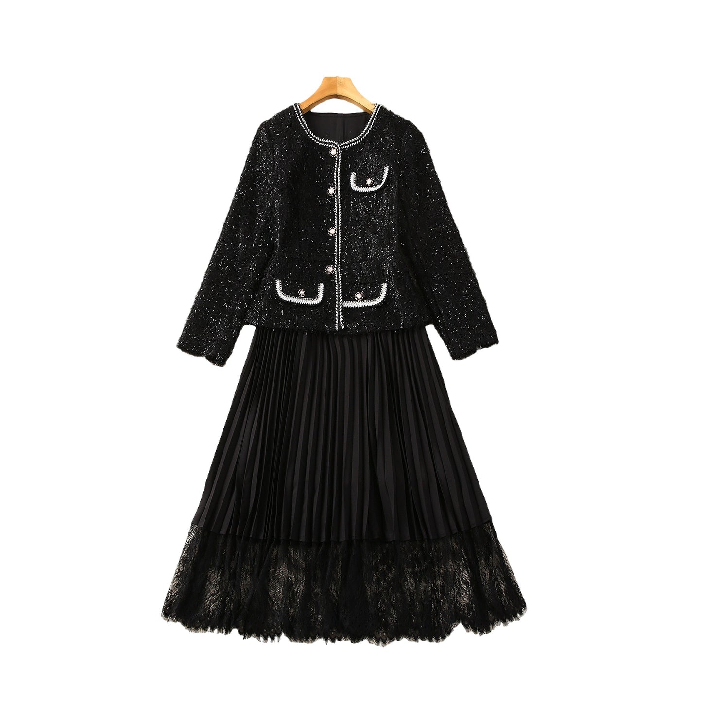 Long Sleeve Wool Tassel Stitching Pleated Large Swing Dress