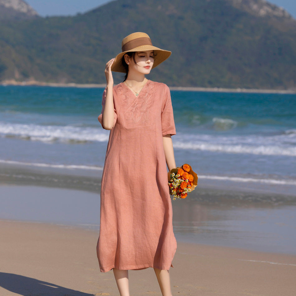 Washed Linen Embroidery Mid-sleeve Long Dress