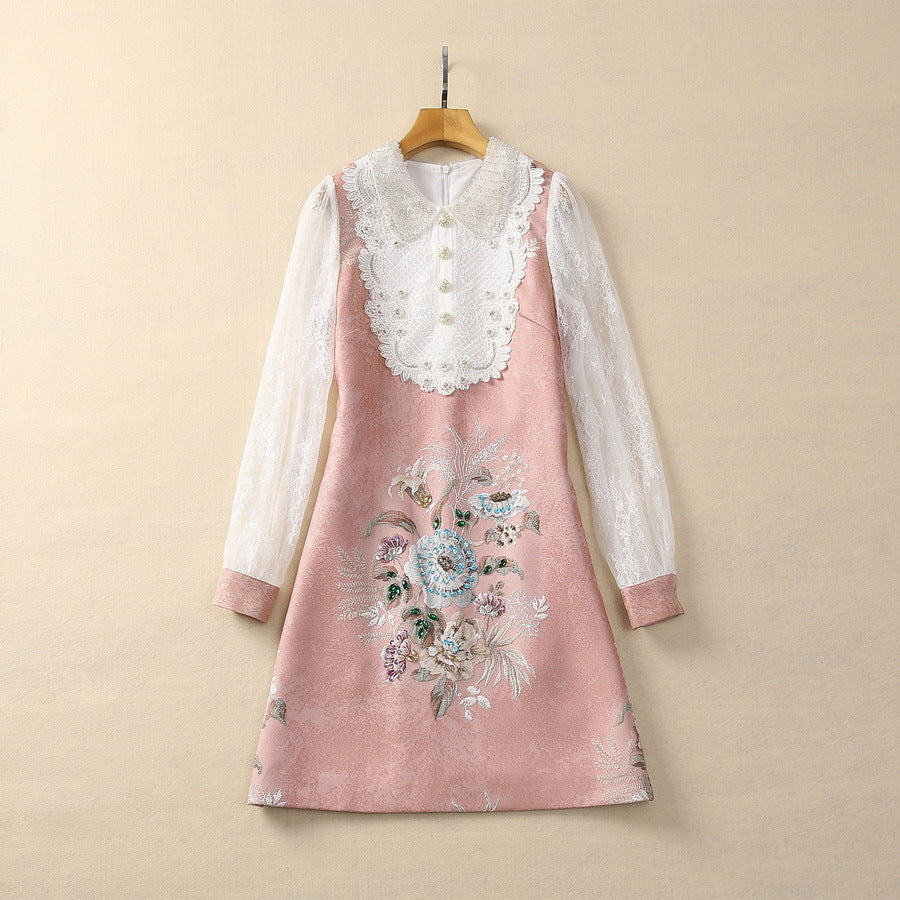 Pearl Buckle Brocade Jacquard Water Soluble Long Sleeve Dress