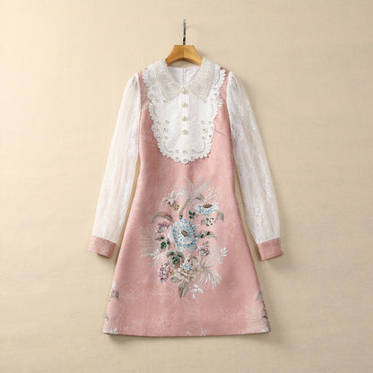 Pearl Buckle Brocade Jacquard Water Soluble Long Sleeve Dress