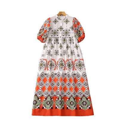 Loose Waist Cotton And Linen Printed Short-sleeved Dress