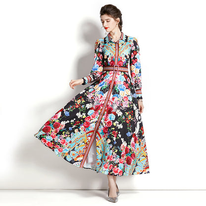 Retro Lantern Sleeve Wide Swing Printing Dress