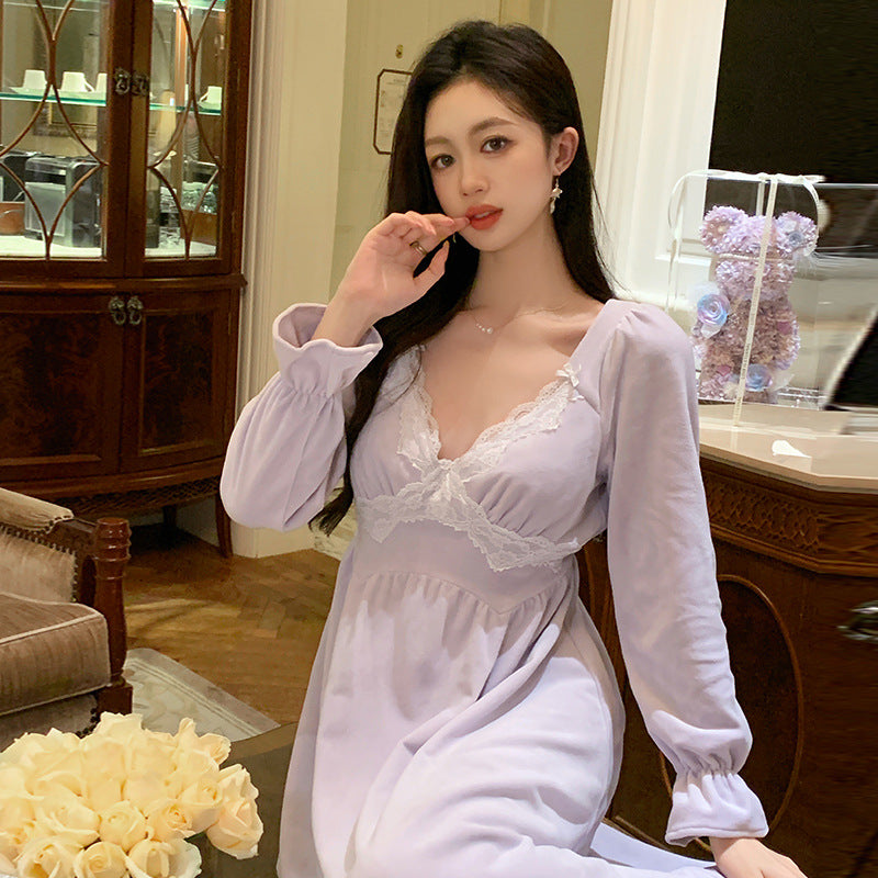 Women's Autumn Long-sleeved Bathrobe Fleece-lined Thickened Nightdress