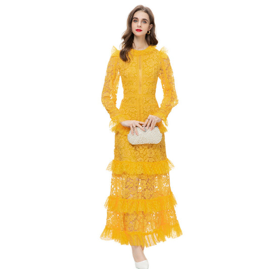 Gauze Stitching Lace Long Sleeve Dress