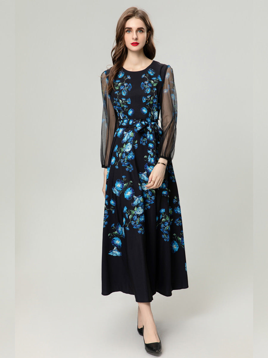 Peacock Blue Flower Front Piece Heavy Industry Manual Bead Long Sleeve Dress