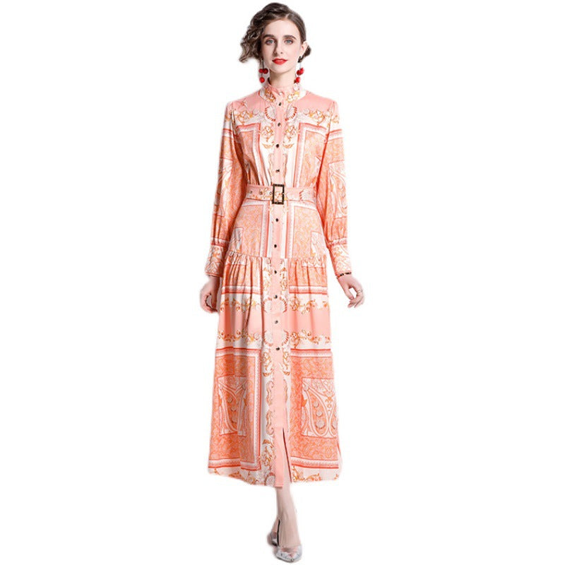 Retro Totem Printing Temperament Single-breasted Long Sleeve Large Swing Dress