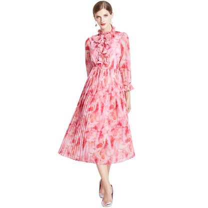 French Floral Chiffon Long Sleeve Dress Women