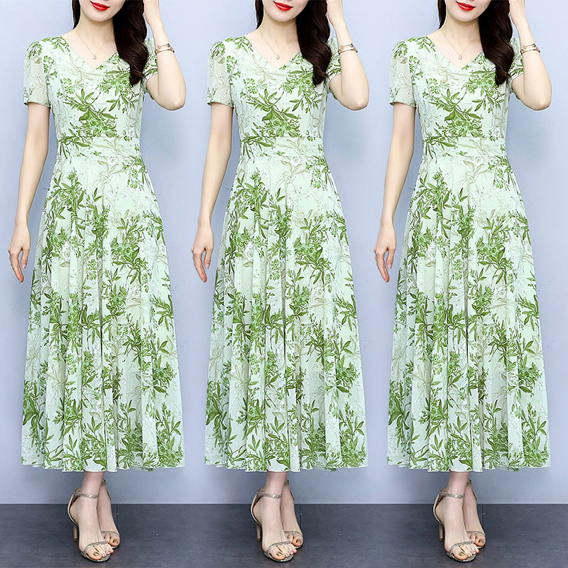 Spring And Autumn Chiffon Floral Dress