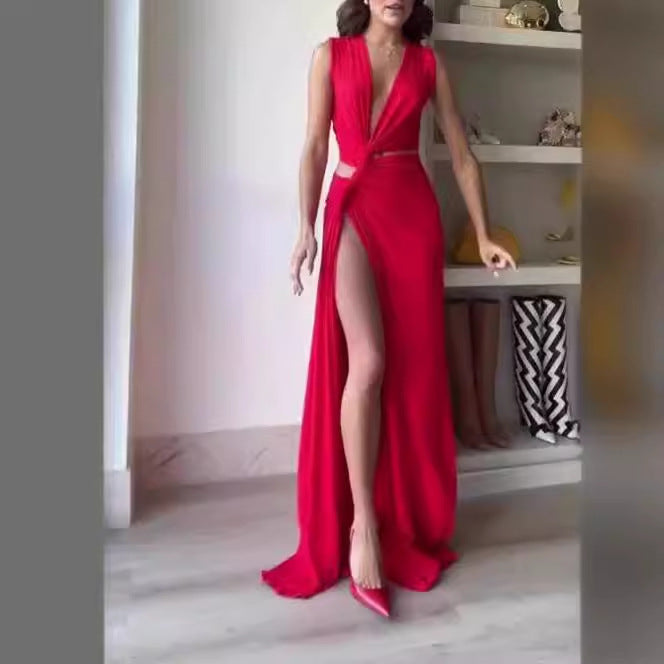 Women's Low-cut V-neck High Slit Hot Girl Dress