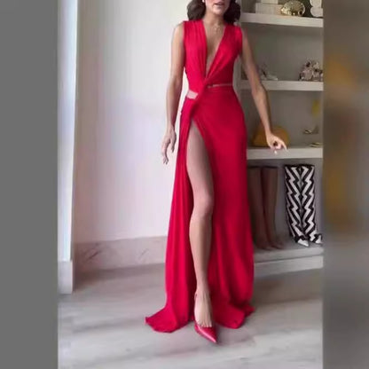 Vestido de chica caliente con escote en V y abertura alta para mujer