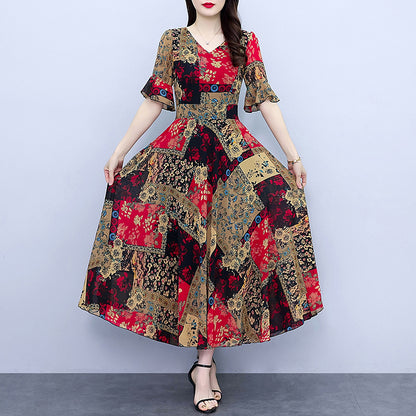 Spring And Autumn Chiffon Floral Dress