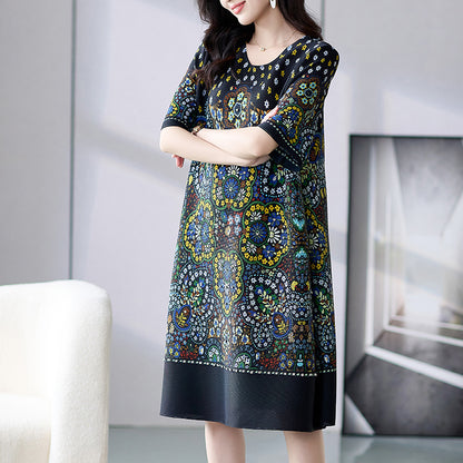 Pleated Print Rhinestone Dress Loose Plus Size