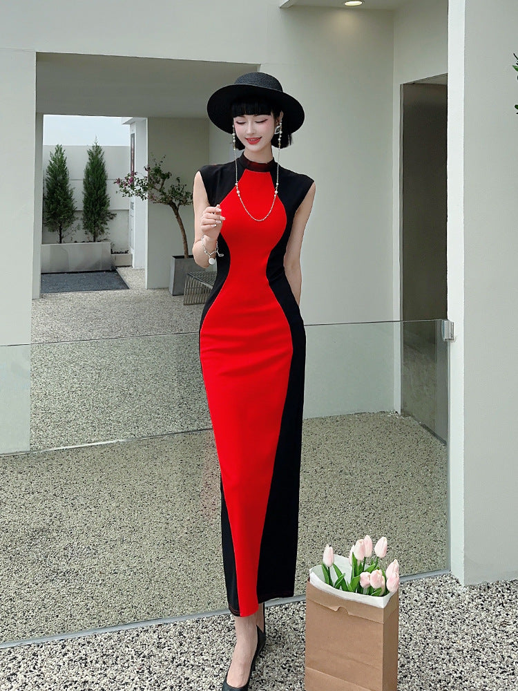 Matching Visual Slimming Dress Off-shoulder Design Sense Waist Tight Sheath Length