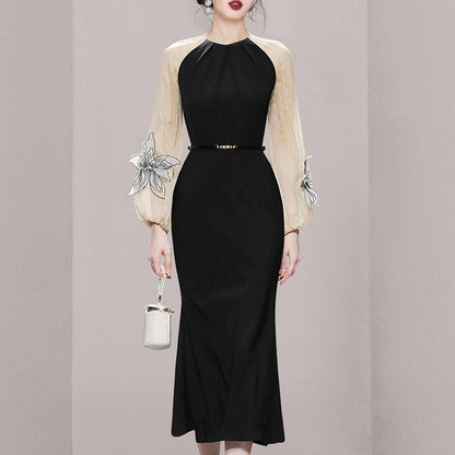 Elegant Contrast Color Lantern Sleeve Slim Fit Waist-controlled Slimming Black Dress