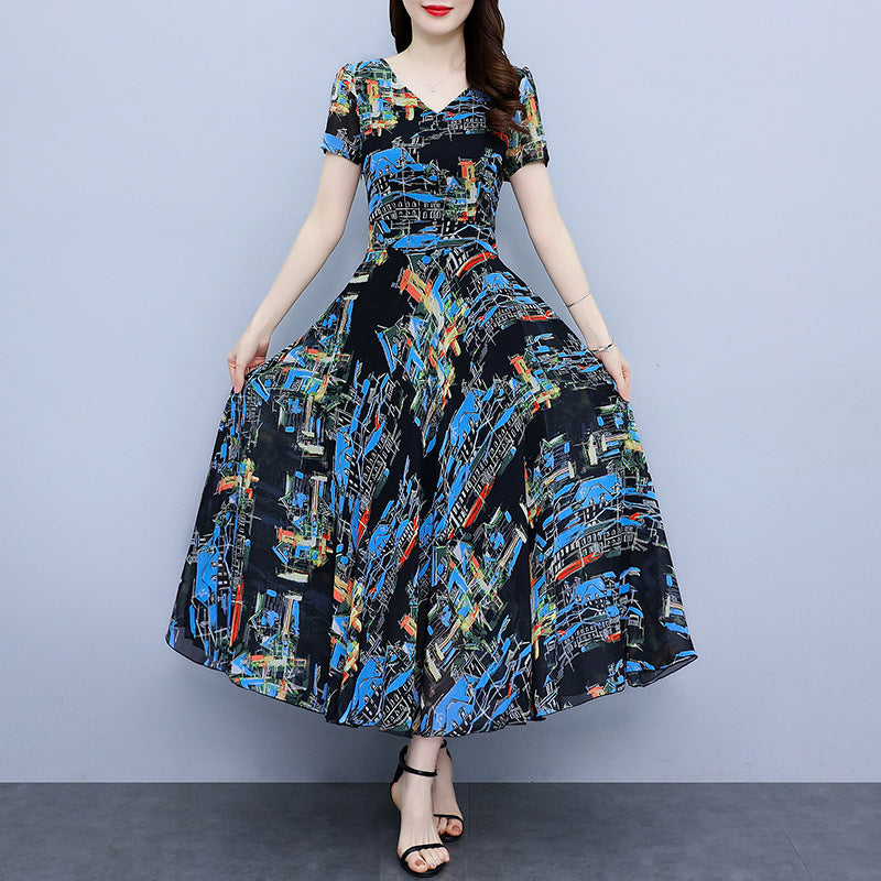 Chiffon Floral Dress Plus Size Plump Girls Waist-tight