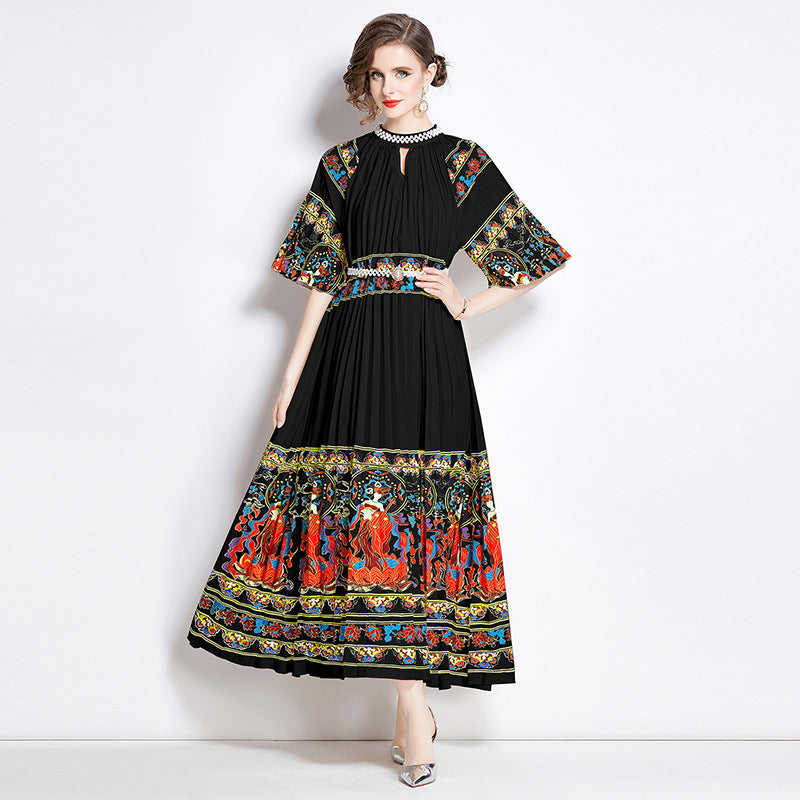 Positioning Printed Pleated Pearl Buckle Pleated Dress