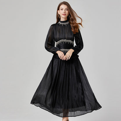 Pleated Waist Tight Long Puff Sleeve Dress