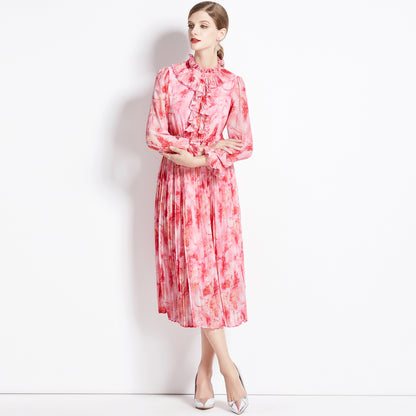 French Floral Chiffon Long Sleeve Dress Women