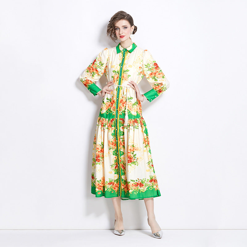 Retro Cotton And Linen Lapel Lantern Sleeve Printing Dress