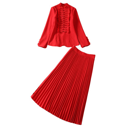 Chinese Button Knots Stand Collar Coat Pleated Skirt Fashion Suit