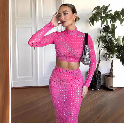 Traje de falda ajustado elástico con remaches a la moda para mujer Hot Girl