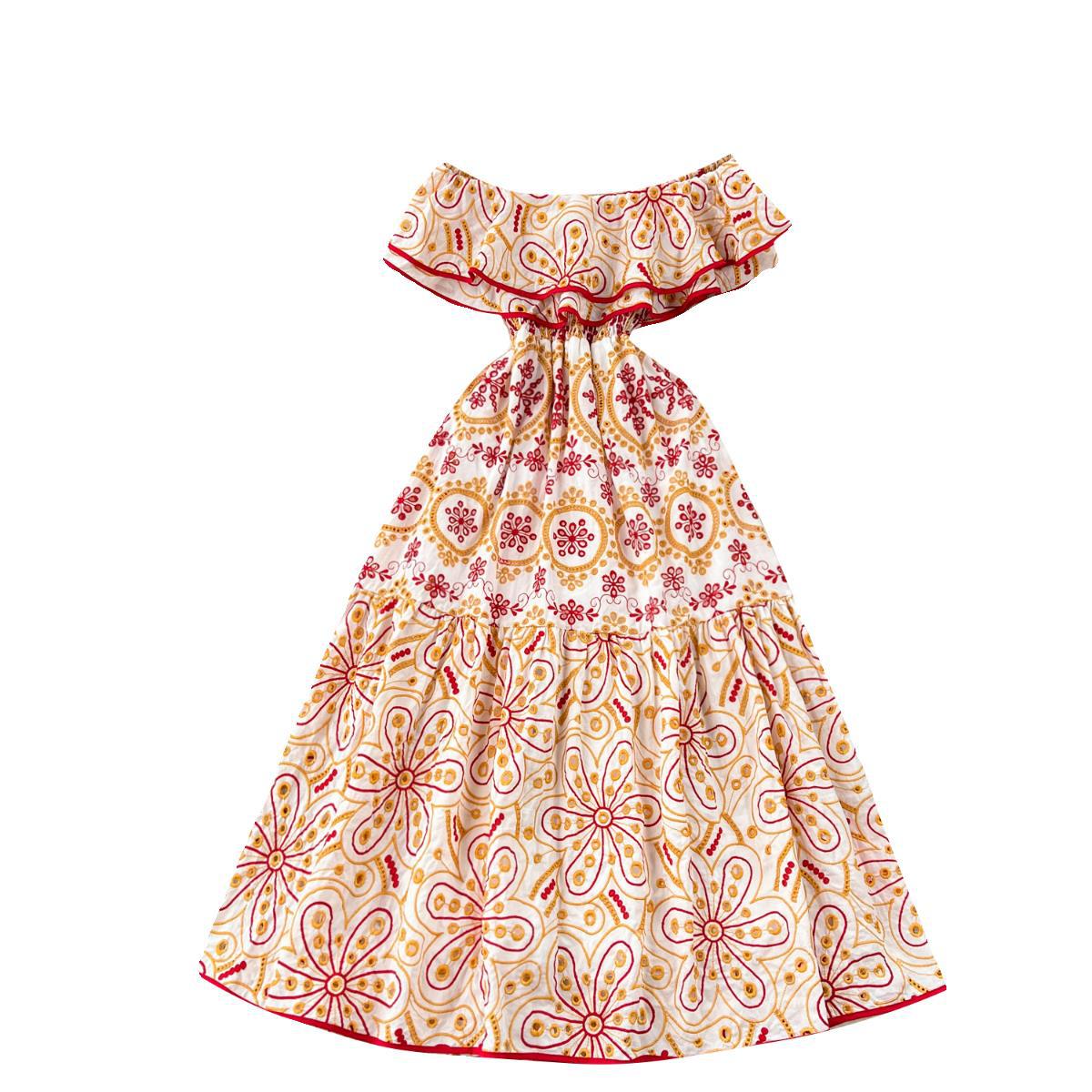 Bohemian Retro Machine Embroidery Ruffled Dress