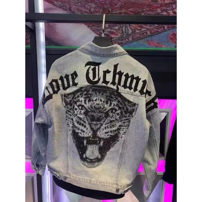 Rhinestone Back Leopard Jacket Denim Coat