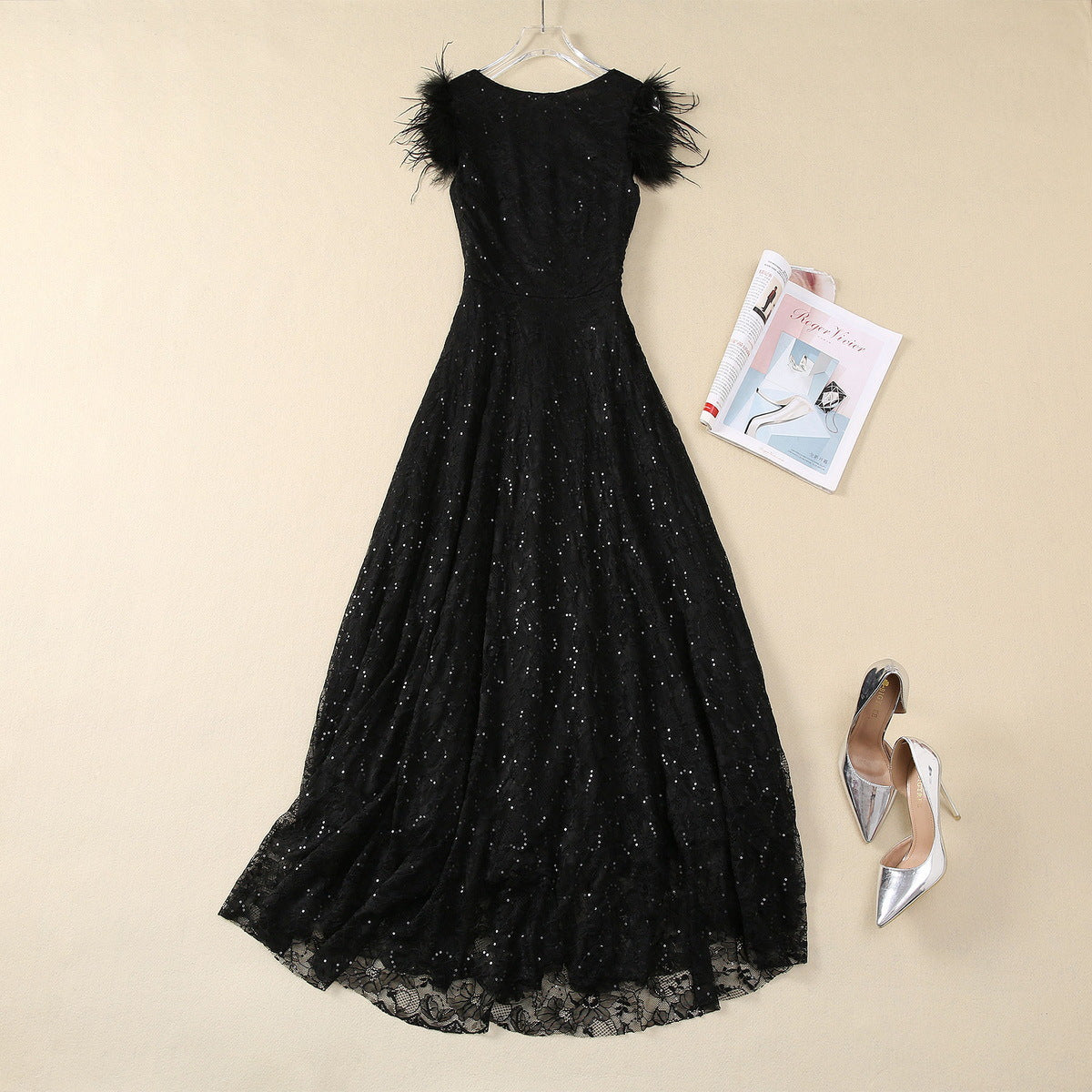 Sequined Lace Feather Flying Sleeves Dress Women