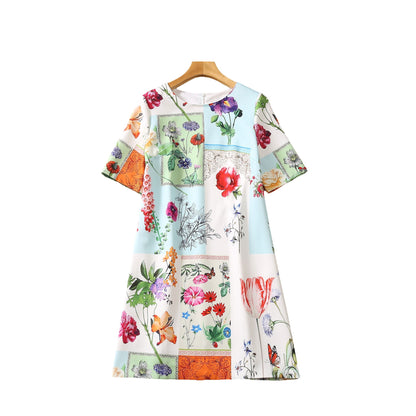 Round Neck Short Sleeve Floral Multicolor Printing Dress