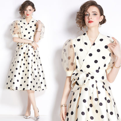 French Fitted Waist Polka Dots Dress 1-sense Long Skirt