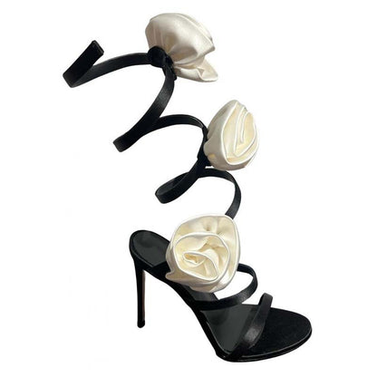 Lace-up Stiletto Heel Round Toe Flower Decorative Women's Sandals