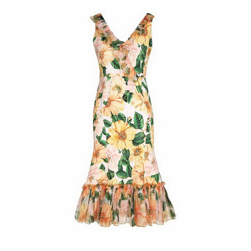 Ruffle V-neck Camellia Printed Fishtail Dress