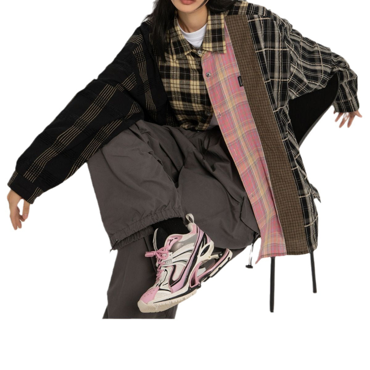 Women's Patchwork Plaid Long-sleeved Shirt Coat