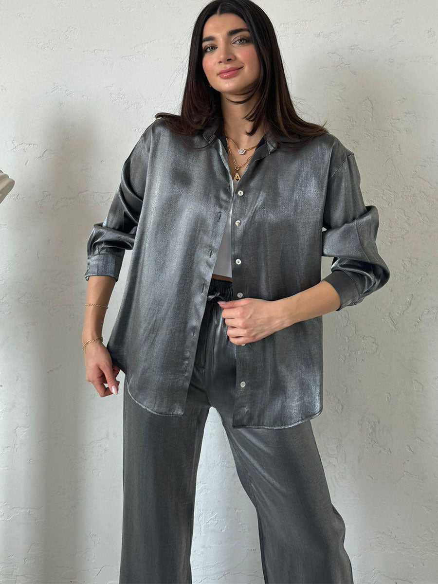 Shiny Silk Large Profile Shirt High Waist Wide Leg Pants Suit