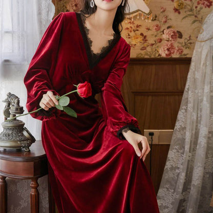 Warm Lace V-neck Pajamas Long Dress Home Wear