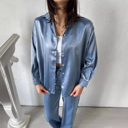 Shiny Silk Large Profile Shirt High Waist Wide Leg Pants Suit