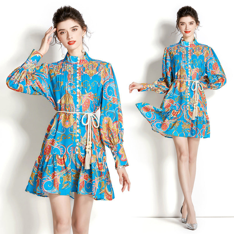 Retro Stand-up Collar Puff Sleeve Pleated Wavy Edge Short Print Dress