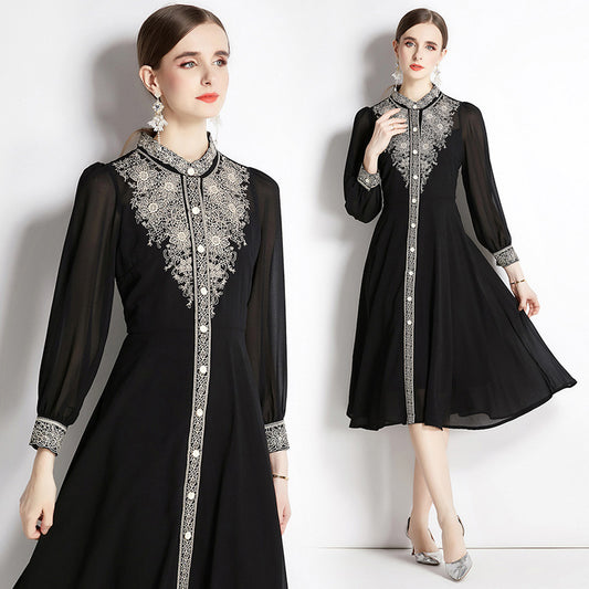 Long Sleeve Gold Thread Embroidered Elegant Midi Dress