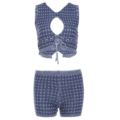 Women's Knitted Sleeveless Hollow-out Navel Suit