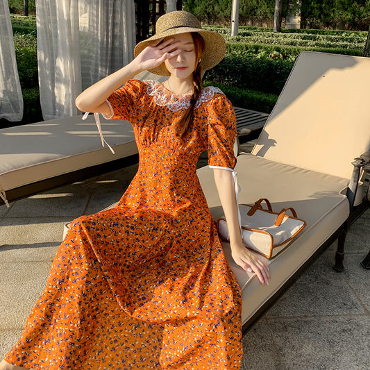 Vestido de encaje sin espalda floral francés para mujer