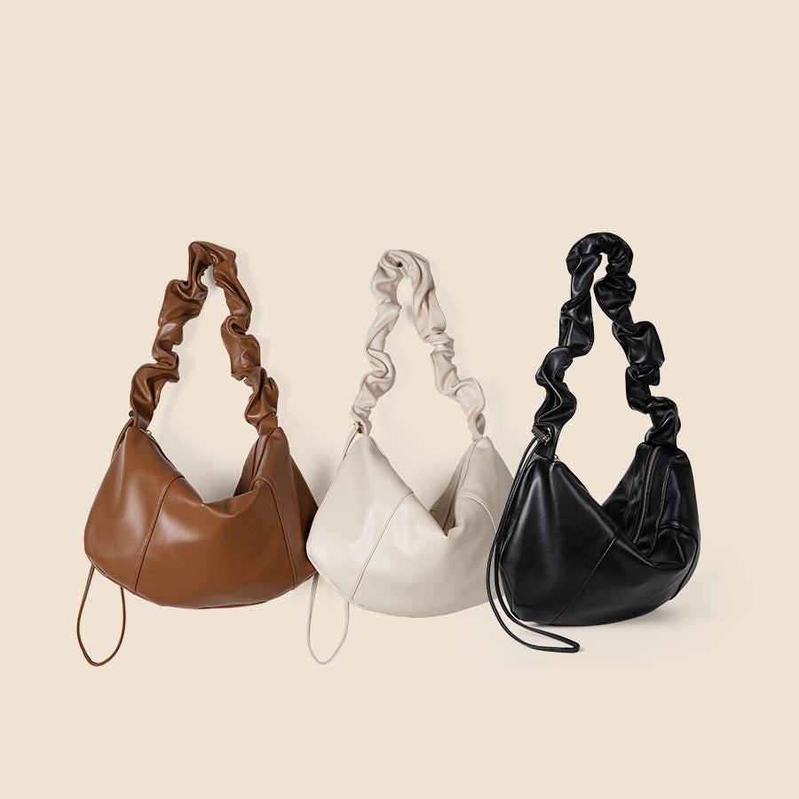 Pleated Shoulder Strap Retro Soft Leather Shoulder Bag