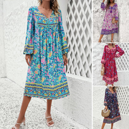 Women's Holiday Floral Print Long Sleeve Dress