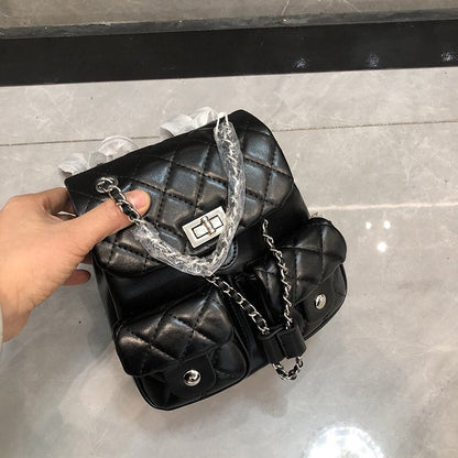 Mochila con diseño de cerradura multibolsillos de alta calidad con cadena de diamantes