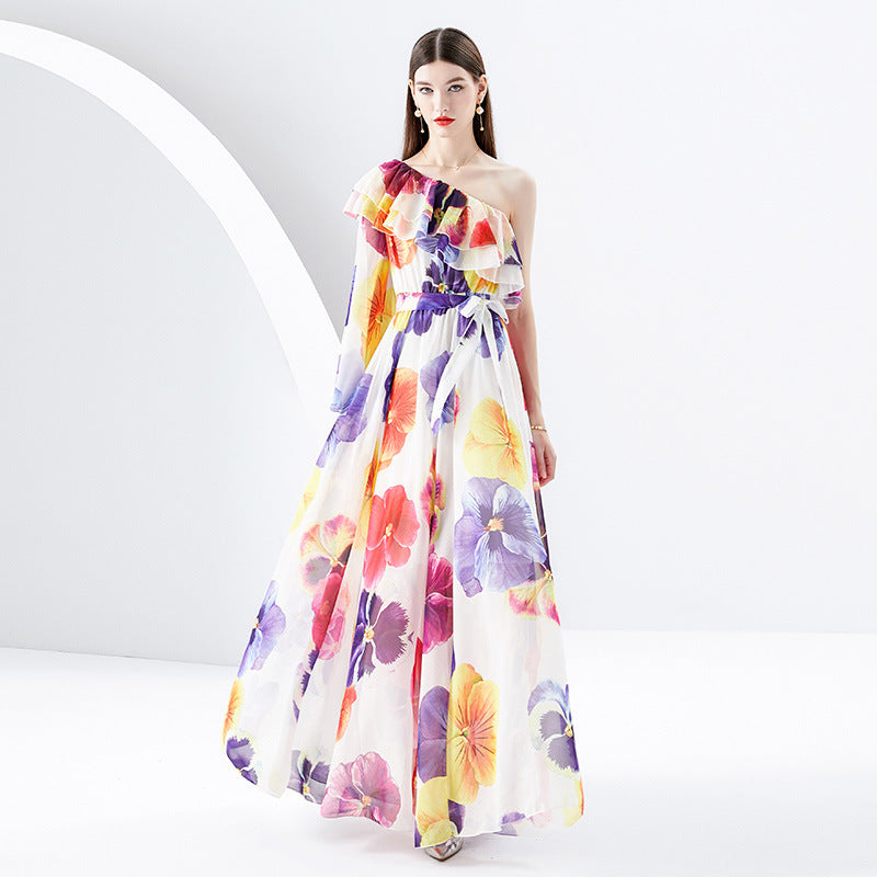 Irregular Shoulder Chiffon Floral Dress