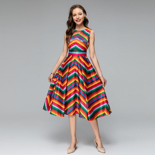 Heavy Industry Bead Tube Rhinestone Rainbow Large Swing Dress