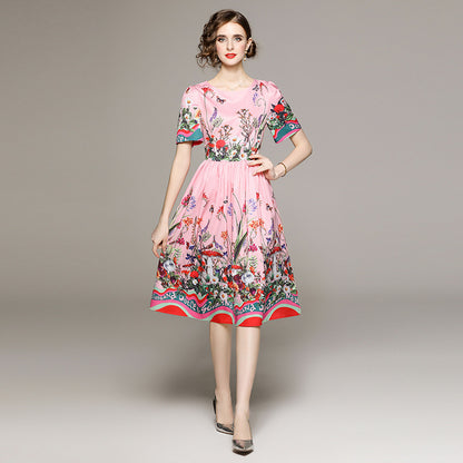 Age-reducing Floral Printed Short Sleeve Dress With Lining