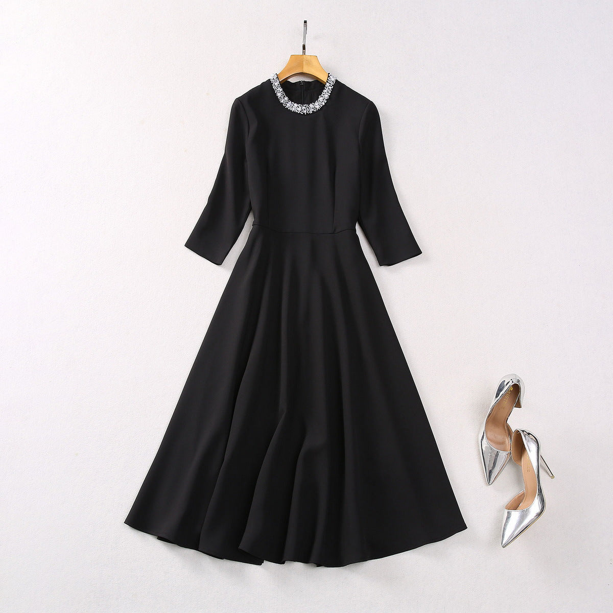 Stand Collar Pearl 34 Sleeve Dress