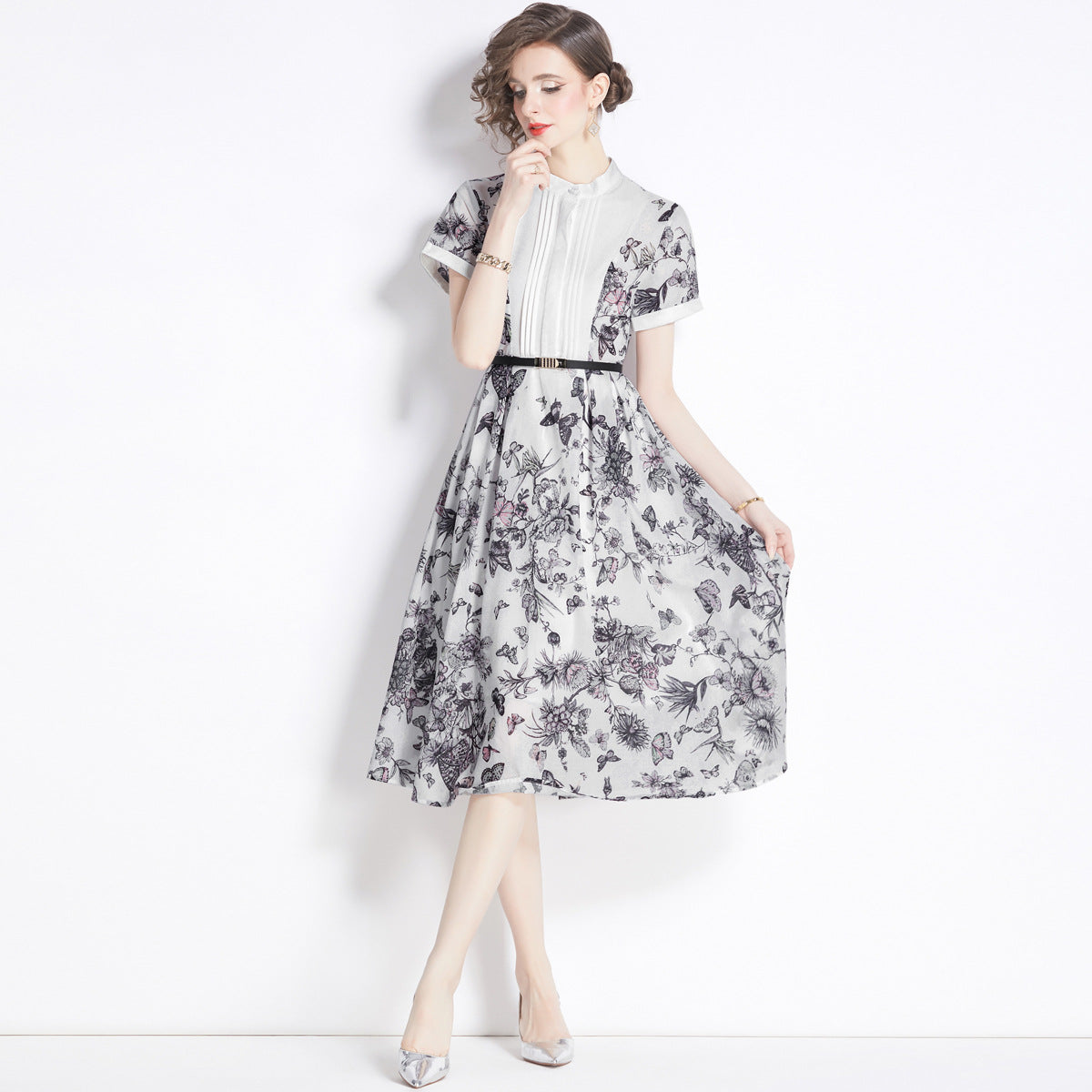 Printed Stripes Stitching Ink Printing And Dyeing Large Swing Dress