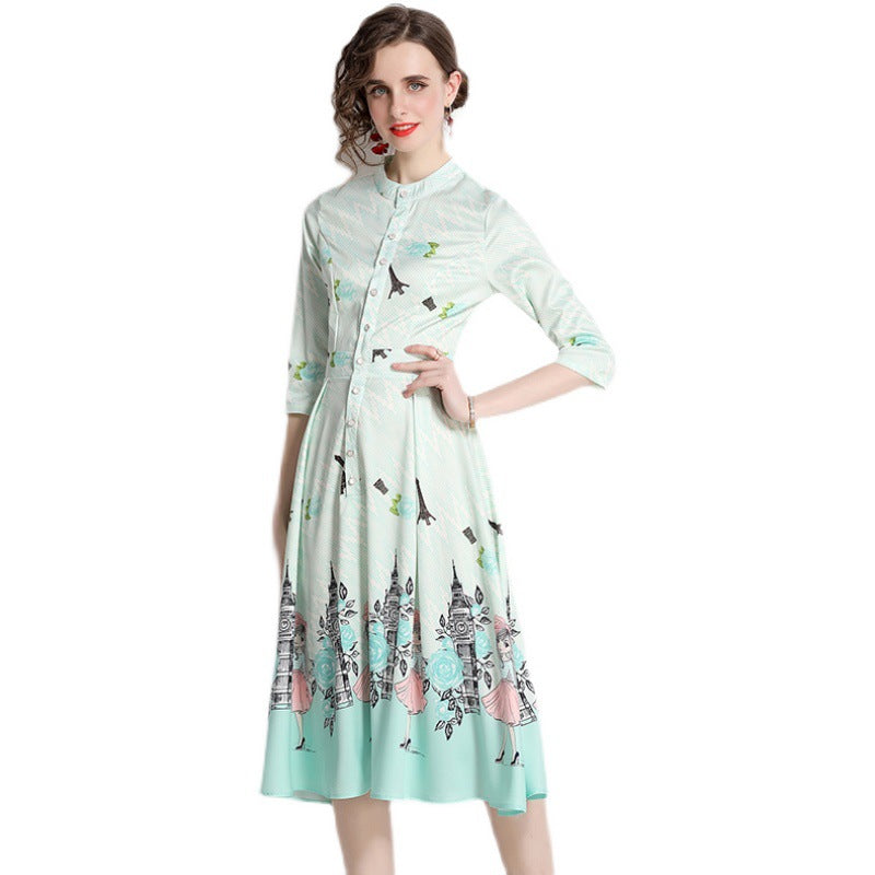 Mid-length Waist Slimming A- Line Skirt Printed Dress