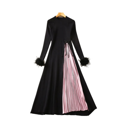 Feather Long Sleeve Base Wool Skirt Black Slimming Knitted